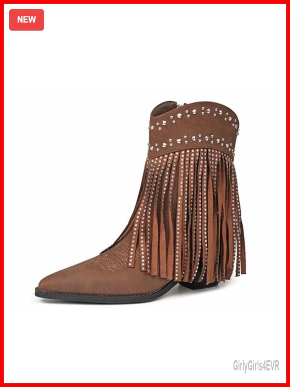 Faux Leather Western Fringe Rhinestone Pointed Toe Ankle Boots Side Zipper 3in